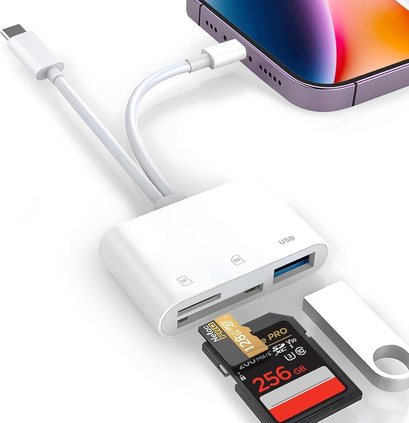 Denlane SD Card Reader for iPhone iPad Mac, Digital Camera Adapter to iPhone Lightning & USB C Dual Connector, Trail Camera Memory Card Viewer with SD/Micro SD/USB-A 3 Slot, No App Plug and Play - Image 1